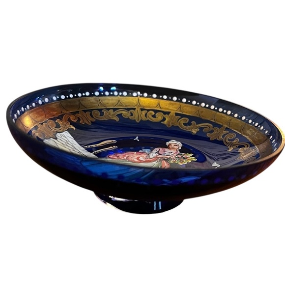 Bohemian Glass Cobalt Blue Enamel Painted Trinket Dish Lady Excellent Vintage - Picture 2 of 6